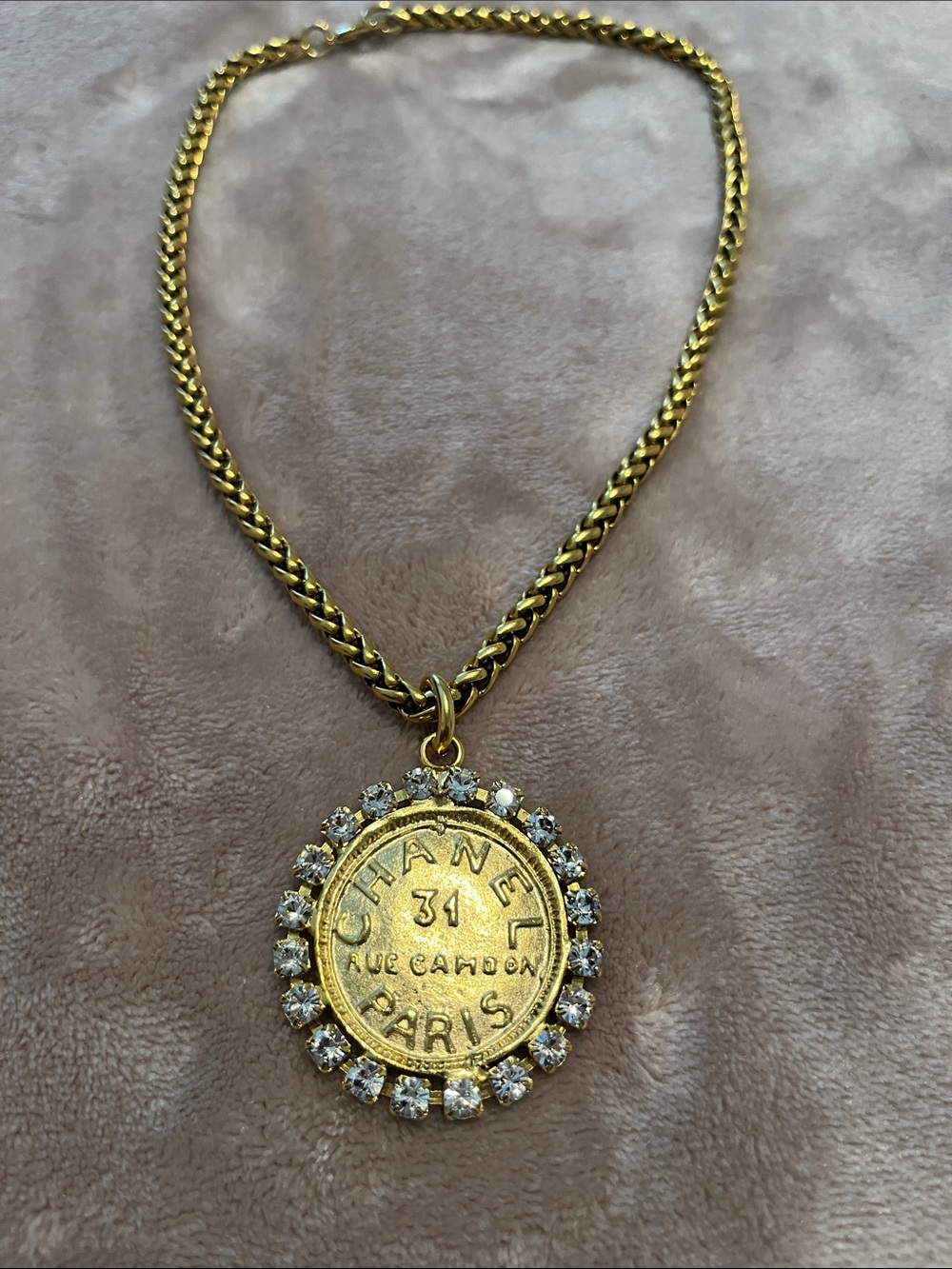 CHANEL Gold-Tone Coin Pendant Necklace with Crystal Halo